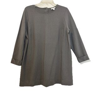 J Jill Speckled Ponte Knit Tunic Top Gray Black Back Buttons Roll Sleeve - Large